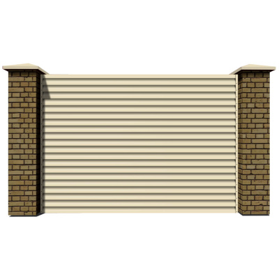Секция забора жалюзи из ламелей еврожалюзи RAL1015 Слоновая Кость с кирпичными столбами анфас